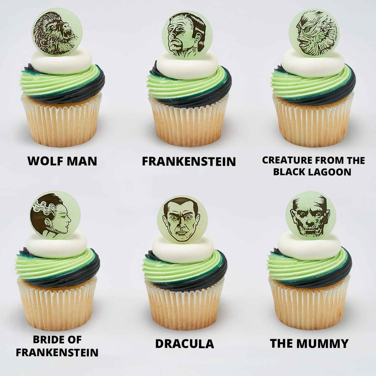 24 Universal Monsters Glow In The Dark Cupcake Rings, Halloween Cupcake Decorations, Including Dracula, Frankenstein, Wolf Man, The Mummy, Invisible Man, Food Safe Cupcake Toppers – 24 Pack