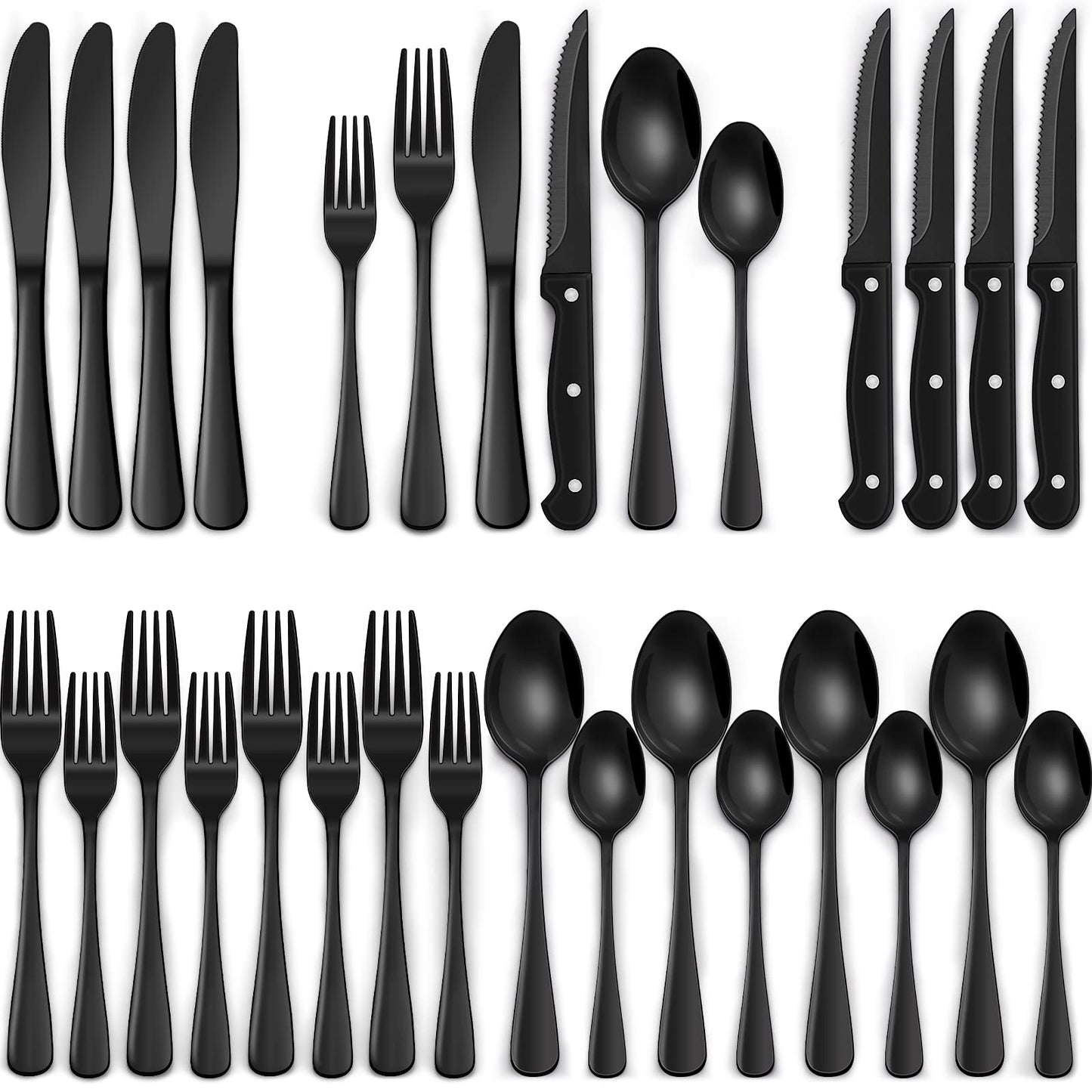 24-Piece Black Silverware Set with Steak Knives, Black Flatware Set for 4, Food-Grade Stainless Steel Tableware Cutlery Set, Mirror Finished Utensil Sets for Home Restaurant 🍁 All In One Marketplace Canada