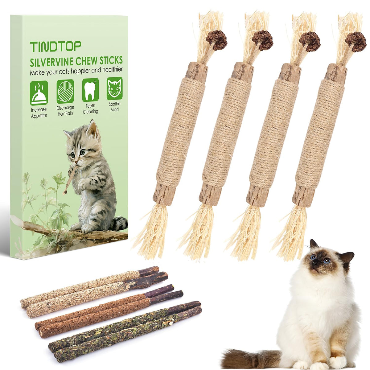 TINDTOP Silvervine Sticks for Cats, 10 Pack Natural Catnip Chew Toys for Kittens Teeth Cleaning, Matatabi Dental Care, Increase Appetite, Calm Cat Anxiety and Stress, Aggressive Chewers Cat Dental Toy 🍁 All In One Marketplace Canada