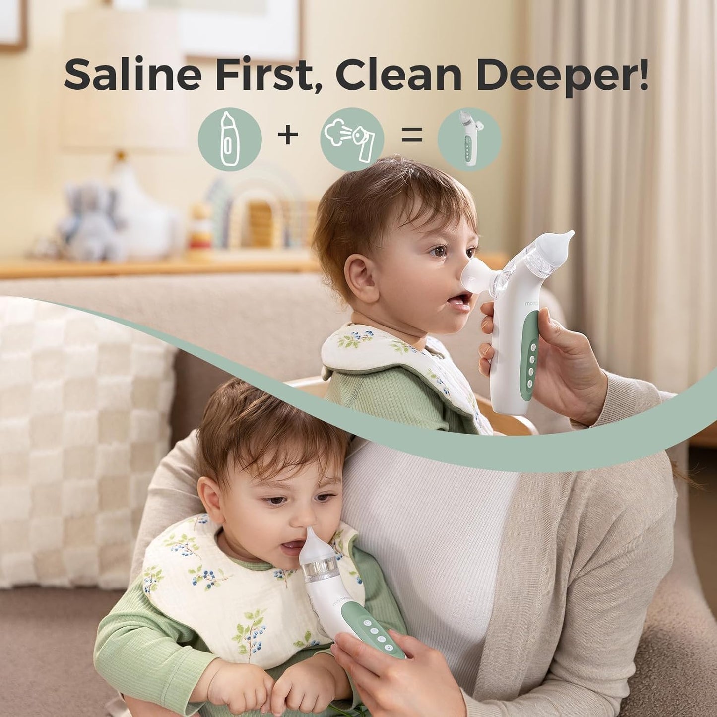 Momcozy BreezyClear™ Spray and Suction 2-in-1 Electric Nasal Aspirator for Baby, 4 Adjustable Suction Levels up to 65kPa Hospital-Grade, Quiet & Portable Nose Cleaner with Soothing Light & Music 🍁 All In One Marketplace Canada