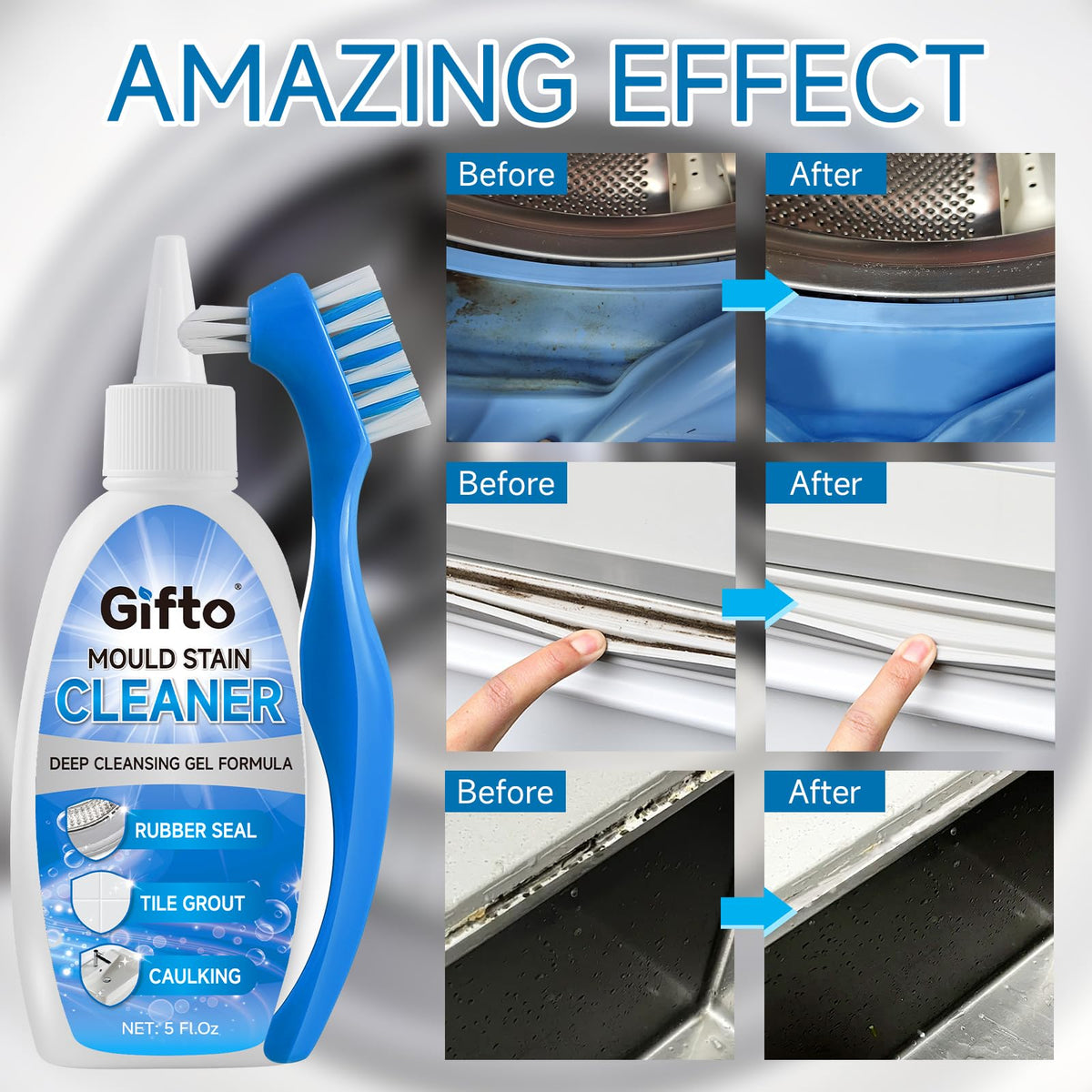 Mould Stain Remover Gel Washing Machine Cleaner, Grout Cleaner with Cleaning Brush, Black Stain Remover for Washer Kitchen Sink Shower Toilet Bathtub Caulk Tile,Bathroom Whitener, 10 Fl Oz 🍁 All In One Marketplace Canada