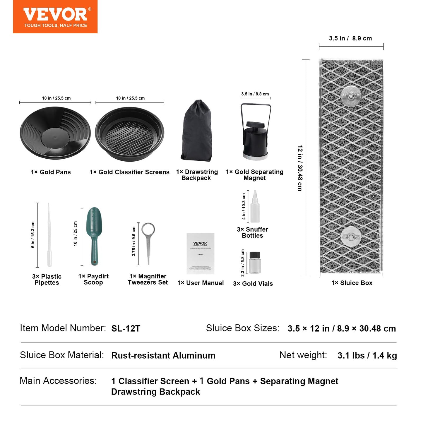 VEVOR Gold Panning Kit with Mini Sluice Box, 12" Aluminum Gold Mining Equipment, 16 PCS Golds Prospecting Kit with Golden Pan, Classifier Screen, Separating Magnet, Drawstring Backpack and Accessories 🍁 All In One Marketplace Canada