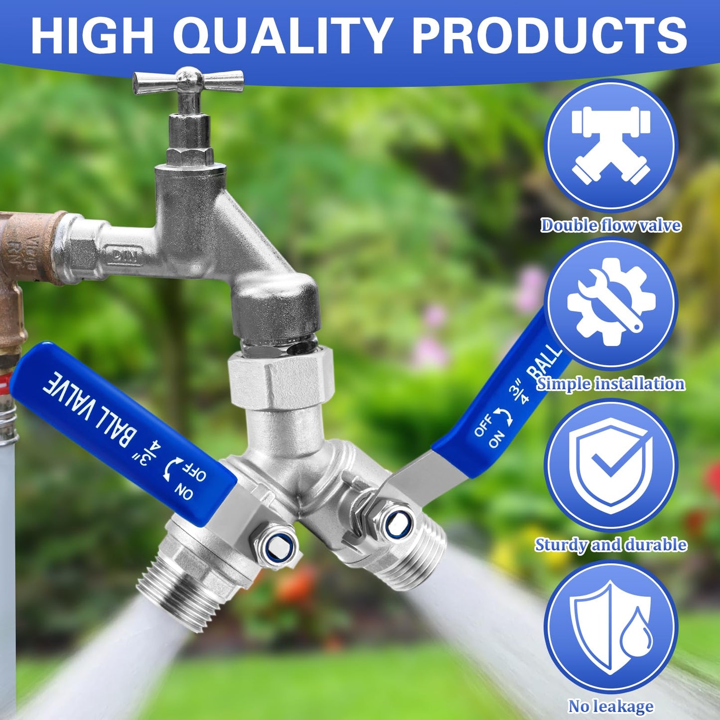 Garden Hose Splitter 2 Way, 304 Stainless Steel Heavy Duty Water Hose Splitter with Long Handle, 3/4" GHT Thread Y Valve Water Garden Hose Tap Adapter, Full Flow Water Splitter Connector 🍁 All In One Marketplace Canada