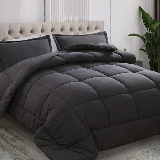 All Season Queen Size Comforter Set 3 PCs, Premium 350GSM Soft Quilted Down Alternative Comforter+2 Pillow Shams with Corner Tabs-Machine Washable Dark Grey, Queen（88 * 88） 🍁 All In One Marketplace Canada