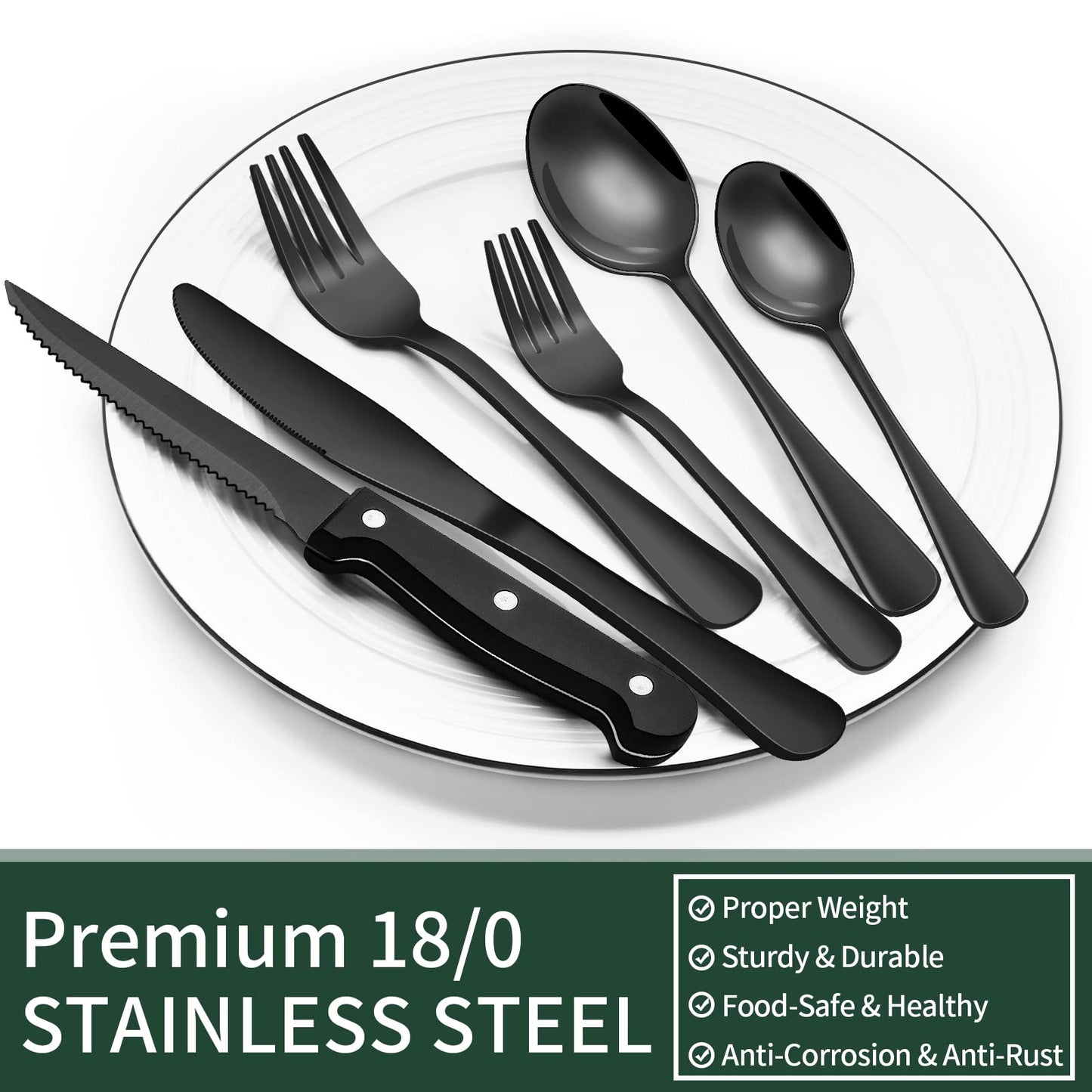24-Piece Black Silverware Set with Steak Knives, Black Flatware Set for 4, Food-Grade Stainless Steel Tableware Cutlery Set, Mirror Finished Utensil Sets for Home Restaurant 🍁 All In One Marketplace Canada