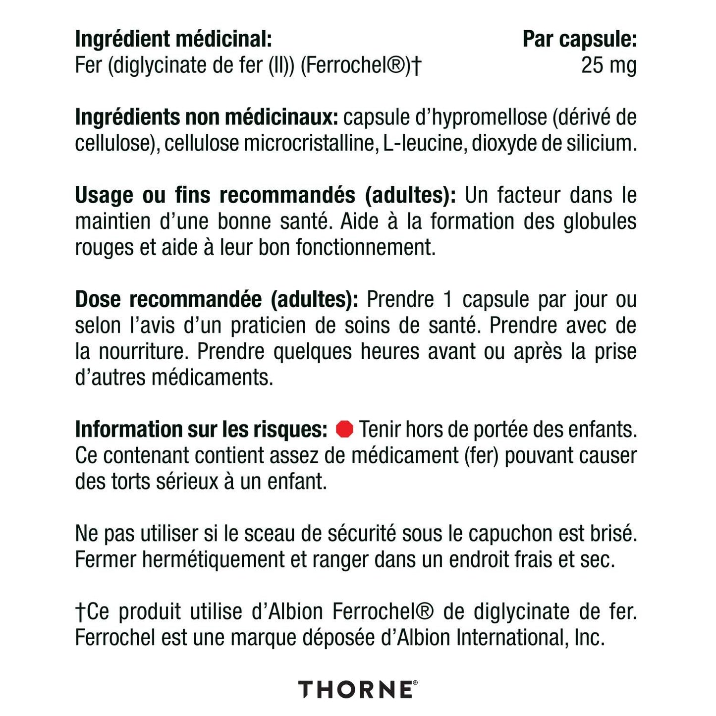 Thorne Iron Bisglycinate - 25 mg Iron Supplement for Enhanced Absorption Without Gastrointestinal Side Effects - 60 Capsules - 60 Servings 🍁 All In One Marketplace Canada
