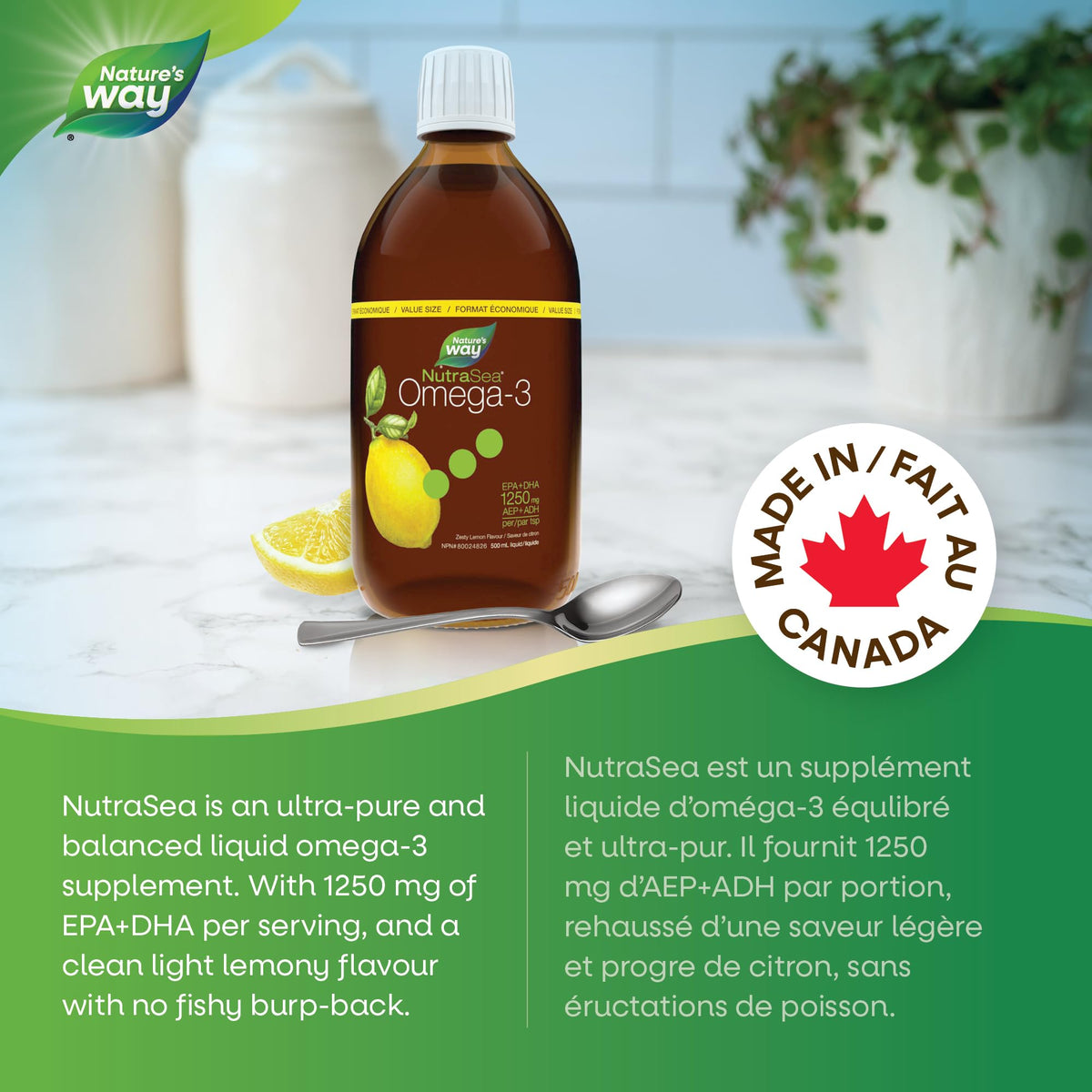 Nature's Way NutraSea Omega 3 Fish Oil Liquid Supplement – Zesty Lemon Flavour, Non-GMO – Heart & Brain Support – EPA & DHA, 500 mL 🍁 All In One Marketplace Canada
