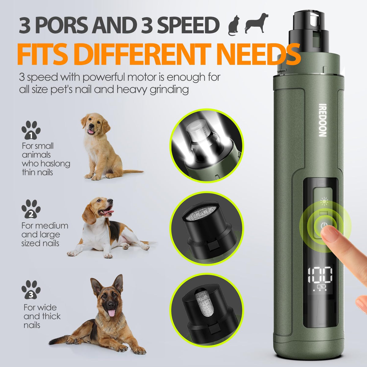 IREDOON Dog Nail Grinder Upgraded - Professional 3-Speed Super Quiet and Low Vibration Electric Pet Nail Grinder with 4 LED Lights - Painless Paws Grooming & Smoothing for Small to Large Dogs (Green) 🍁 All In One Marketplace Canada