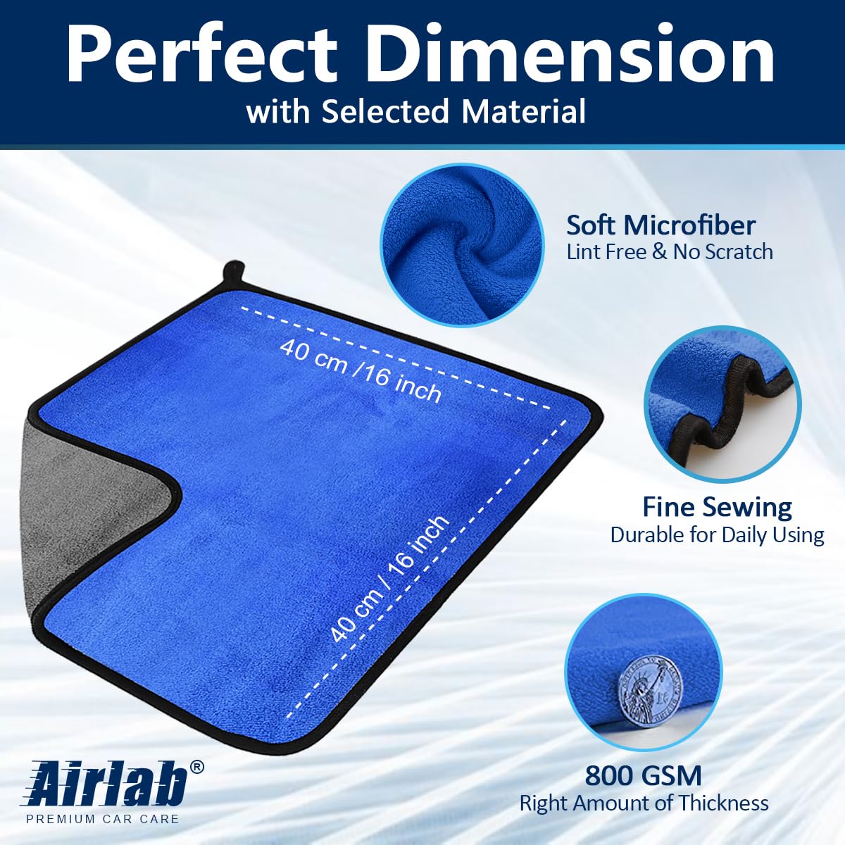 Airlab Microfiber Car Drying Towels 800GSM Thick Plush Cleaning Cloths Auto Detailing Quick Dry Wash Cloth for Interior & Exterior Lint Free, Streak Free, 40 x 40 cm, 4 Pack 🍁 All In One Marketplace Canada