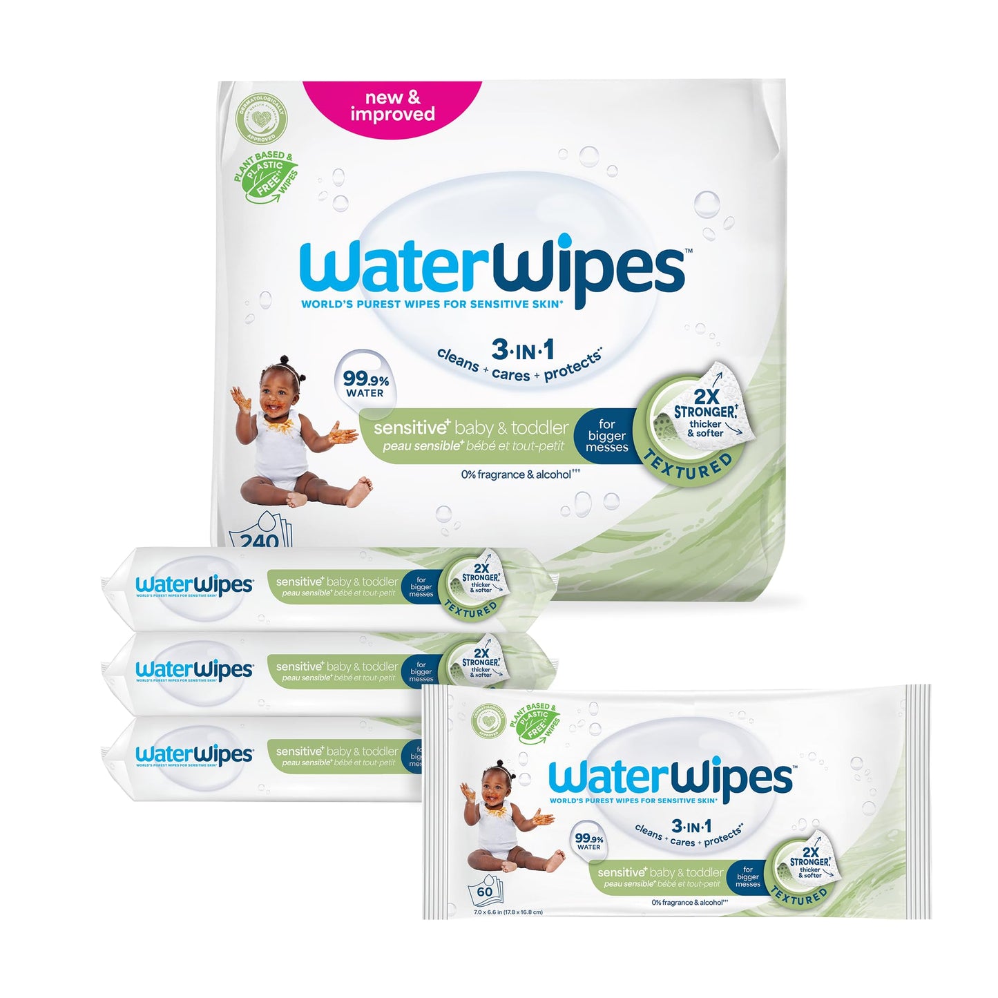 WaterWipes Sensitive+ Baby & Toddler Wipes, 3-In-1 Cleans, Cares, Protects, 99.9% Water, Textured Clean, Unscented & Hypoallergenic, 240 Count (4 Packs) 🍁 All In One Marketplace Canada