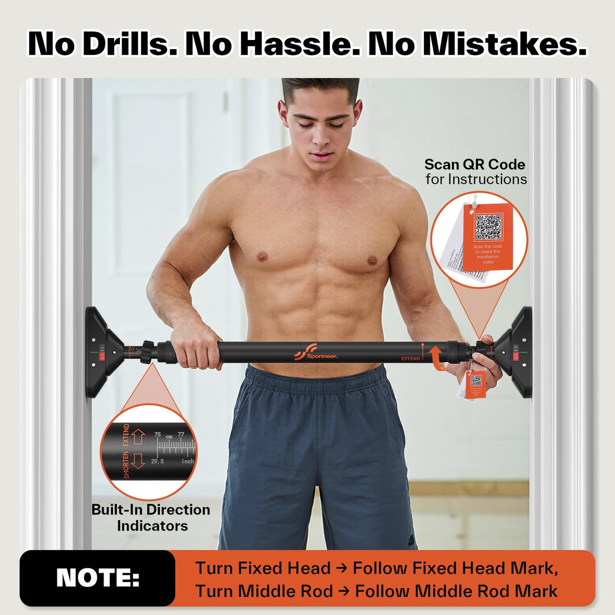 Sportneer Pull Up Bar Doorway Chin Up Bar No Screws Door Frame Chin Up Push Up Sit Up Bar Adjustable 75-94cm (29.5''-37'') Up to 200kg Capacity Workout Bar 🍁 All In One Marketplace Canada
