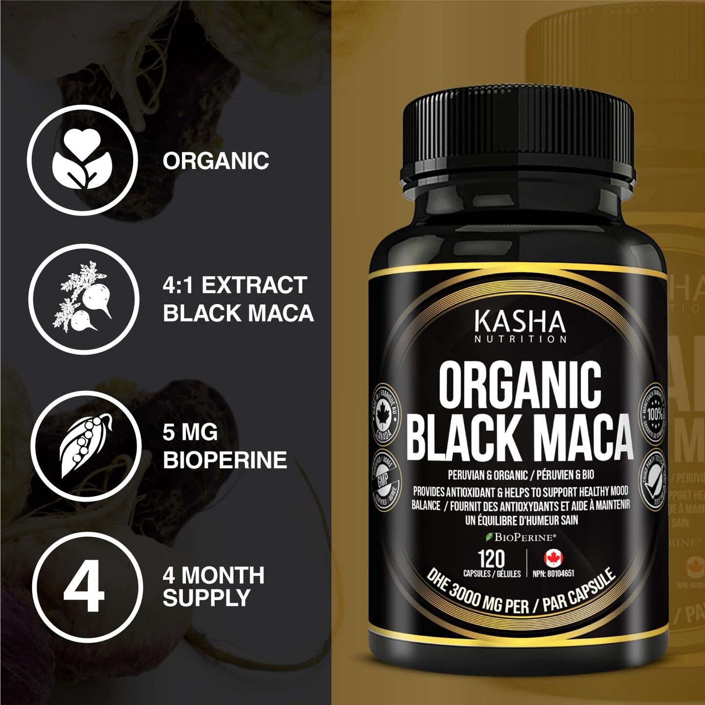 Organic Black Maca for Men & Women DHE 3000mg (Industry Strongest) with 5mg Bioperine per Capsule - Organic Gelatinized Maca for all Genders | 750 mg 4:1 Extract Maca Root / Maca Powder | Proudly Canadian | 4 Month Supply, Non-GMO, Vegan, Gluten Free, Soy