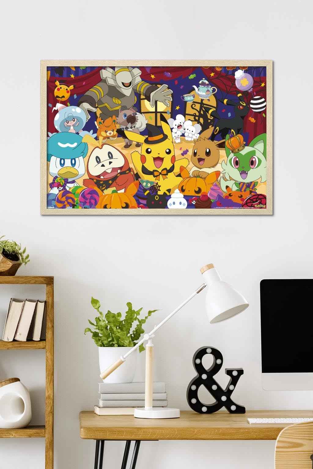 Pokémon: Halloween Party- Group Wall Poster, 34L" x 22.4W", Blonde Framed Version
