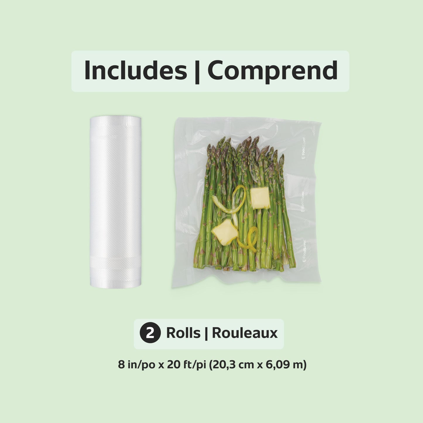 FoodSaver Vacuum Sealer Rolls for Custom Length Airtight Food Storage and Sous Vide Bags, BPA-Free, 8" x 20', 2 Pack 🍁 All In One Marketplace Canada