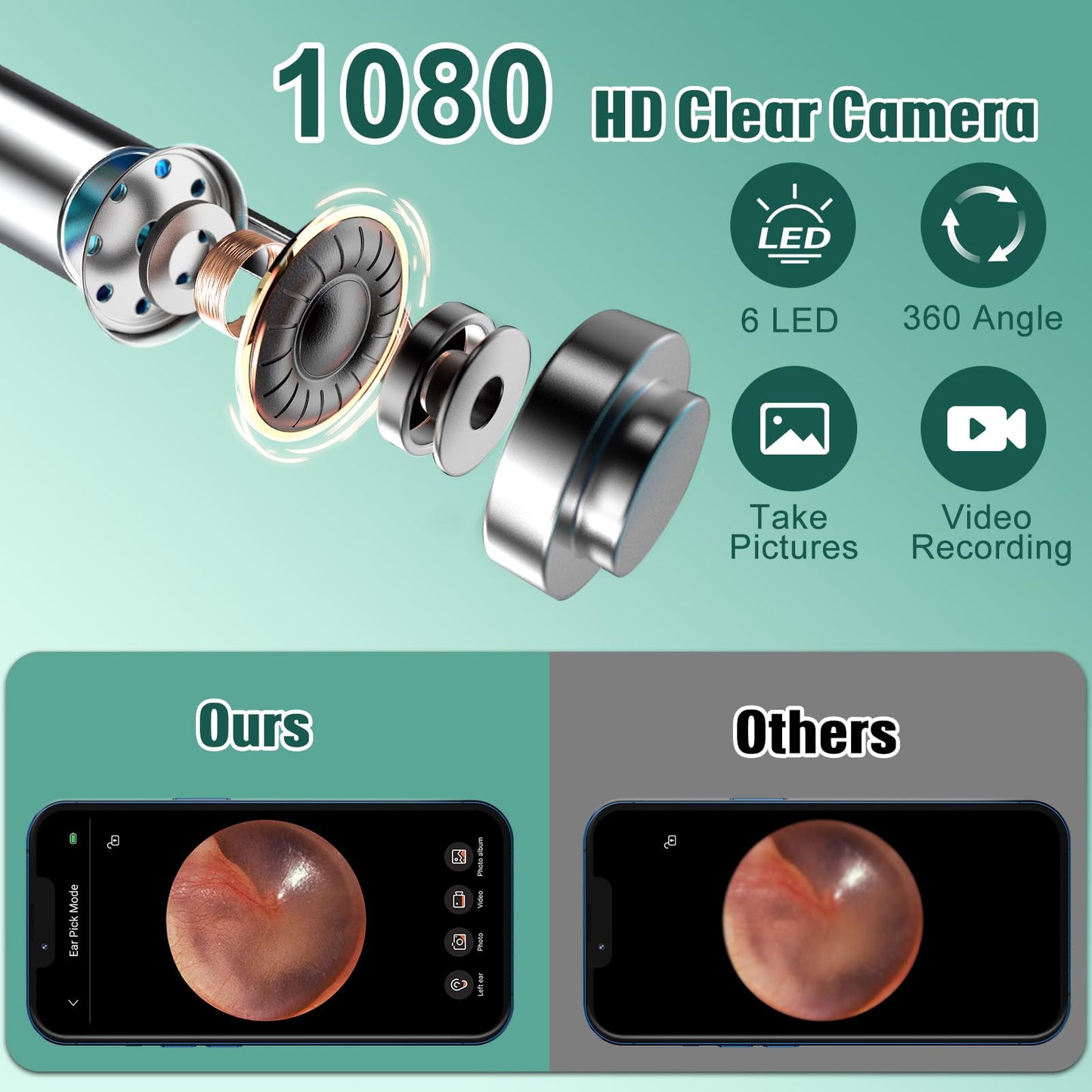 LMECHN Ear Wax Removal, Ear Cleaner with 7 Pcs Ear Set, Ear Wax Removal Tool Camera with 1080P Ear Otoscope & 6 LED Lights, Wireless Ear Pick for Ear Cleaning with 6 Ear Spoons Black 🍁 All In One Marketplace Canada
