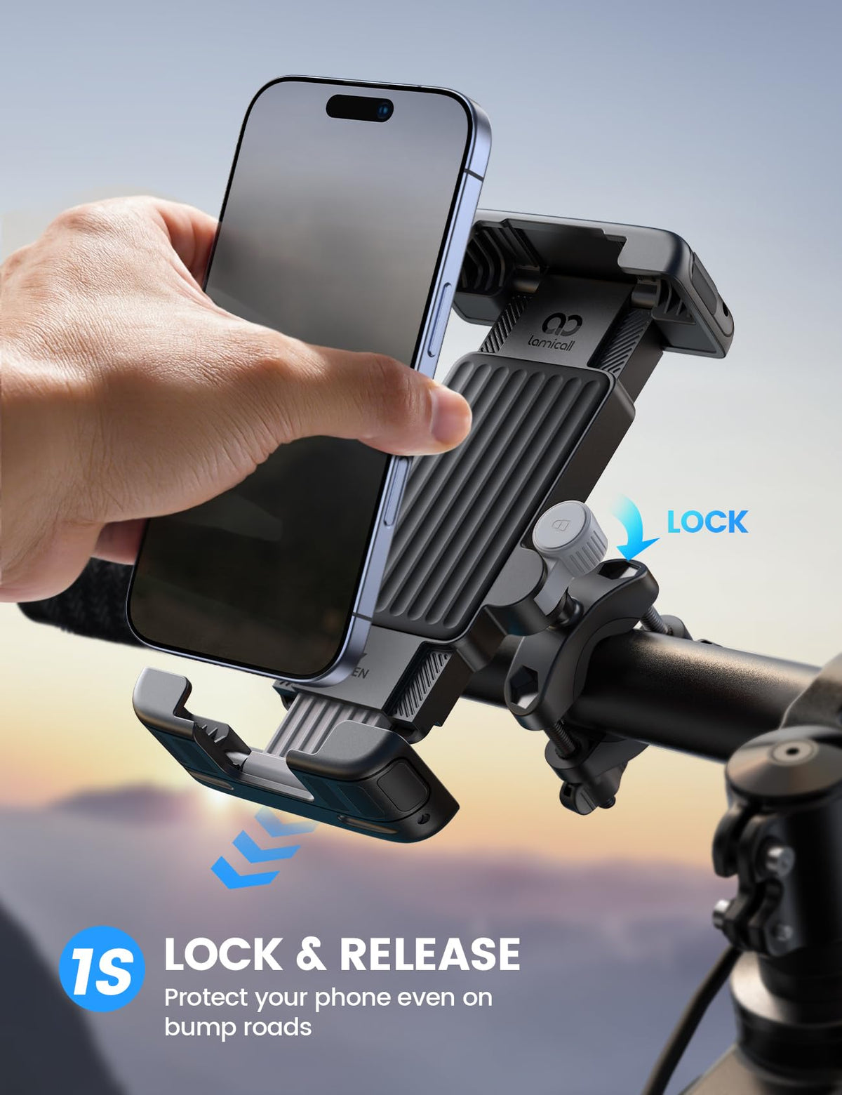 Lamicall Bike Motorcycle Phone Mount - [1s Quick Lock] Bike Phone Holder Clip, [Stable Handlebar Clamp] Bicycle Scooter Handlebar Clamp for iPhone 16 17 Pro Max Plus Air, S26 Ultra All Large 🍁 All In One Marketplace Canada