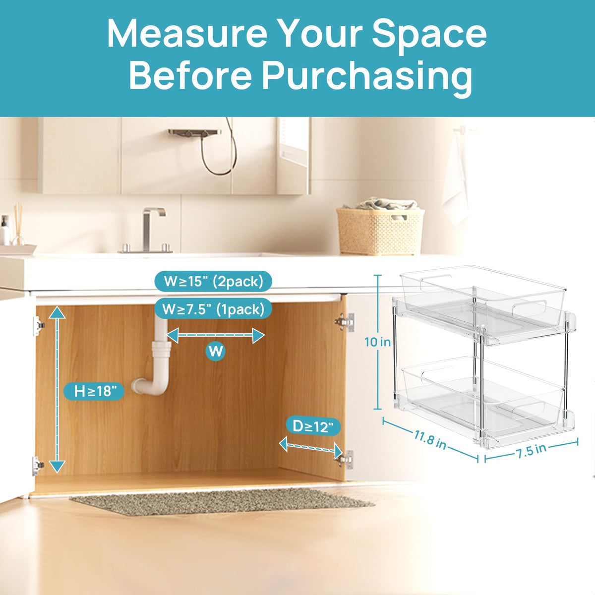 2 Tier Bathroom Organizer, Vtopmart 2 Pack Clear Under Sink Organizers Vanity Counter Storage Container, Medicine Cabinet Drawers Bins, Pull-Out Organization with Track for Pantry, Kitchen 🍁 All In One Marketplace Canada