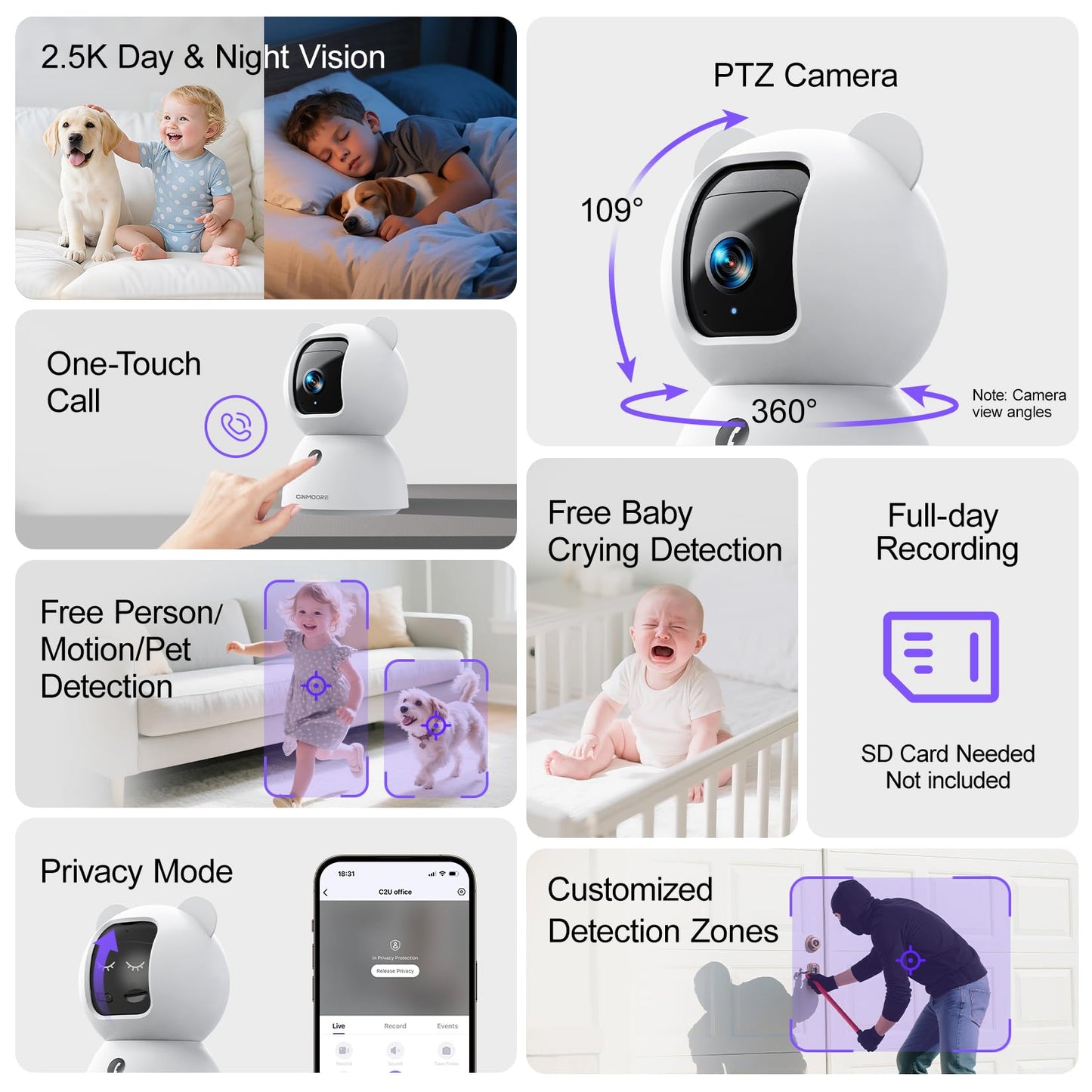 CINMOORE 2.5K Camera Surveillance Interieur, Indoor Security Cam, Free AI Pet/Person/Cry Detection, 4MP Pet Camera with Phone App Pan Tilt 2.4GHz WiFi, Night Vision, Full Duplex Audio 🍁 All In One Marketplace Canada