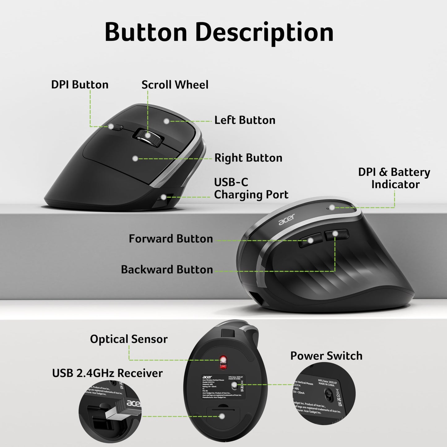 Acer Wireless Ergonomic Mouse, Rechargeable Vertical Mouse, 3 Adjustable DPI 1600/1200/1000, Ergo Mice, 2.4GHz Computer Mouse with 6 Buttons, 2.4GHz USB Receiver for Laptop, PC, Desktop 🍁 All In One Marketplace Canada