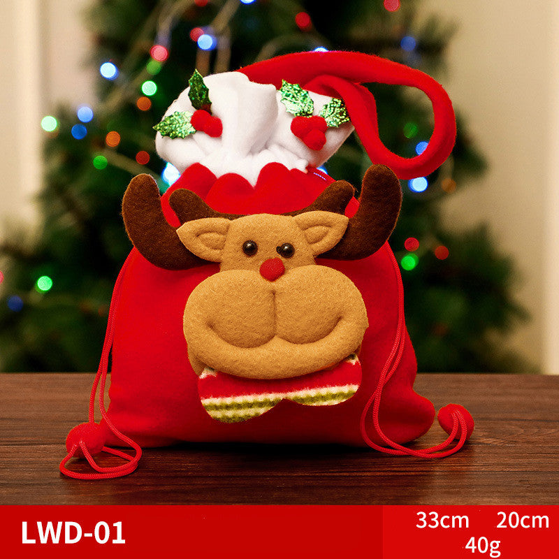 Brushed Christmas Gift Bags with 3D Santa Snowman Reindeer Bear, Red Drawstring Candy Bags, Felt Holiday Gift Bags