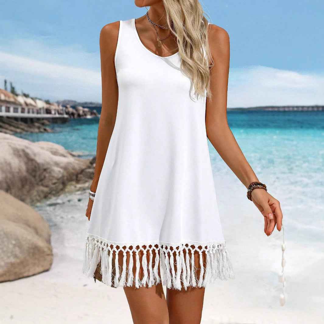 Women's Solid-Color European & American Style Tassel Dress – Sleeveless Asymmetrical Mid-Length Dress