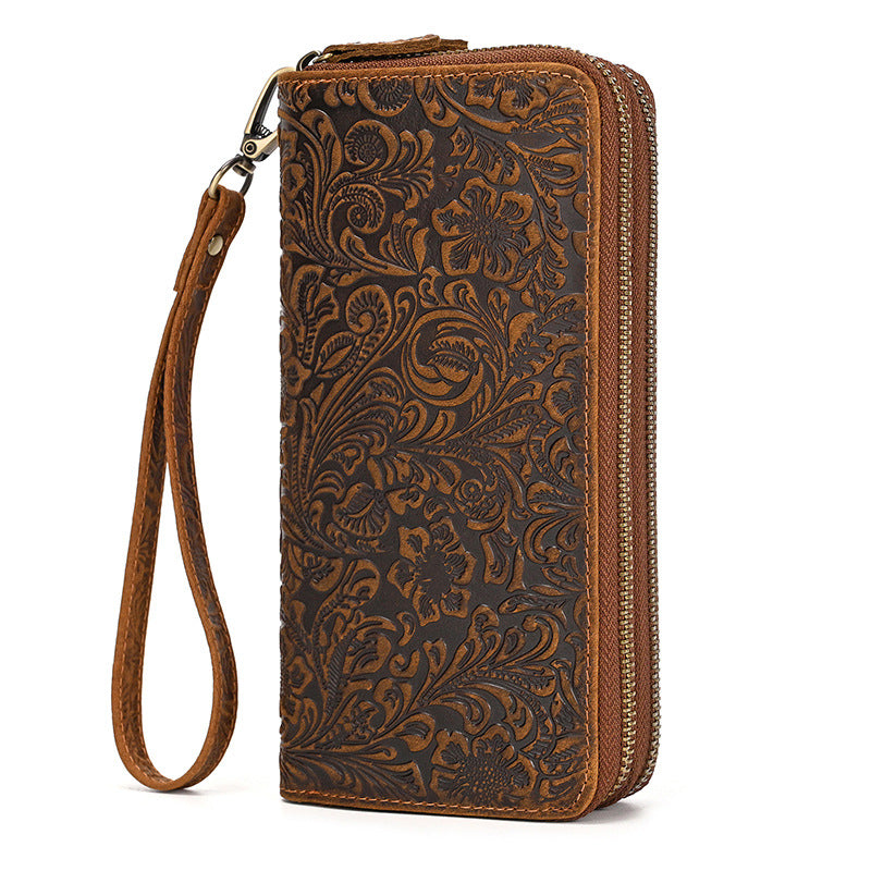 Men Genuine Leather Embossed Long Wallet Vintage Business Clutch