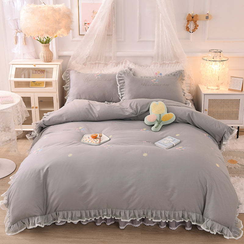 Summer Ruffled Cotton Bedding Set Embroidered Floral Bed Skirt