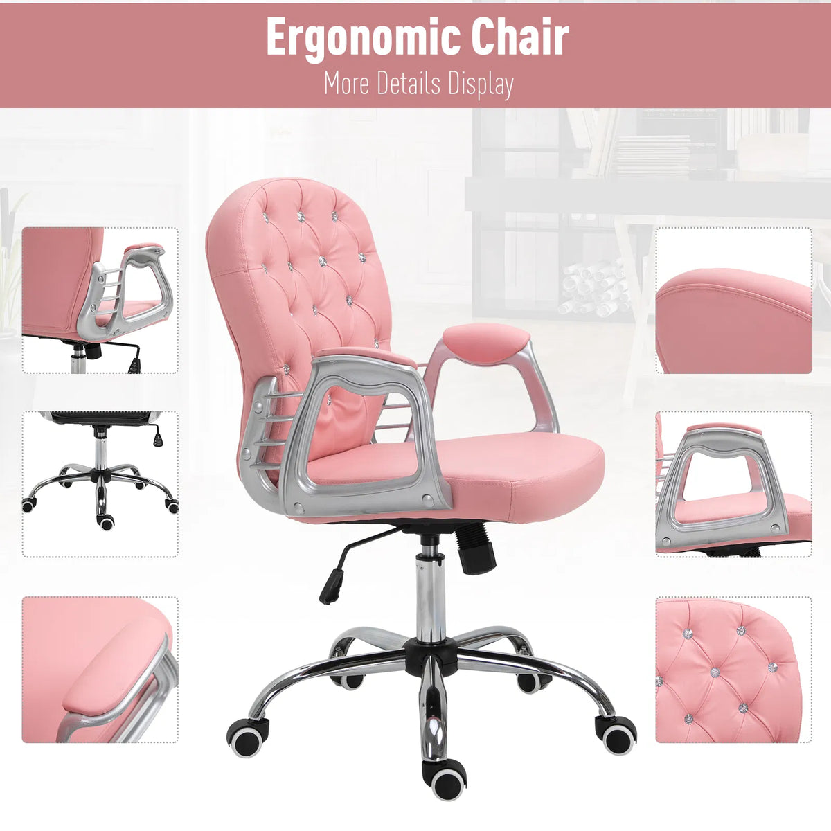 Pink Office Chair – Adjustable Height Computer Desk Chair with Tufted Back (United States & Canada Delivery Only)
