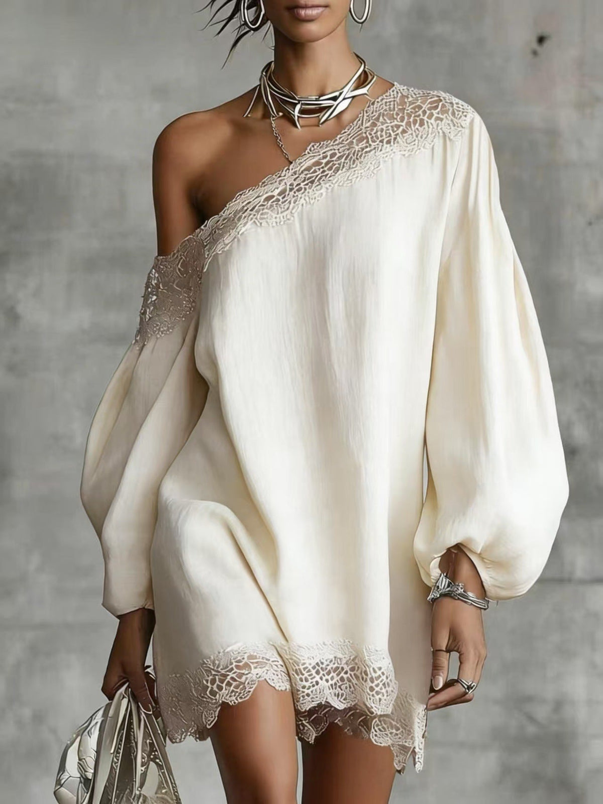 Women's Off-Shoulder Long Sleeve Mini Dress | Lace Trim Dress