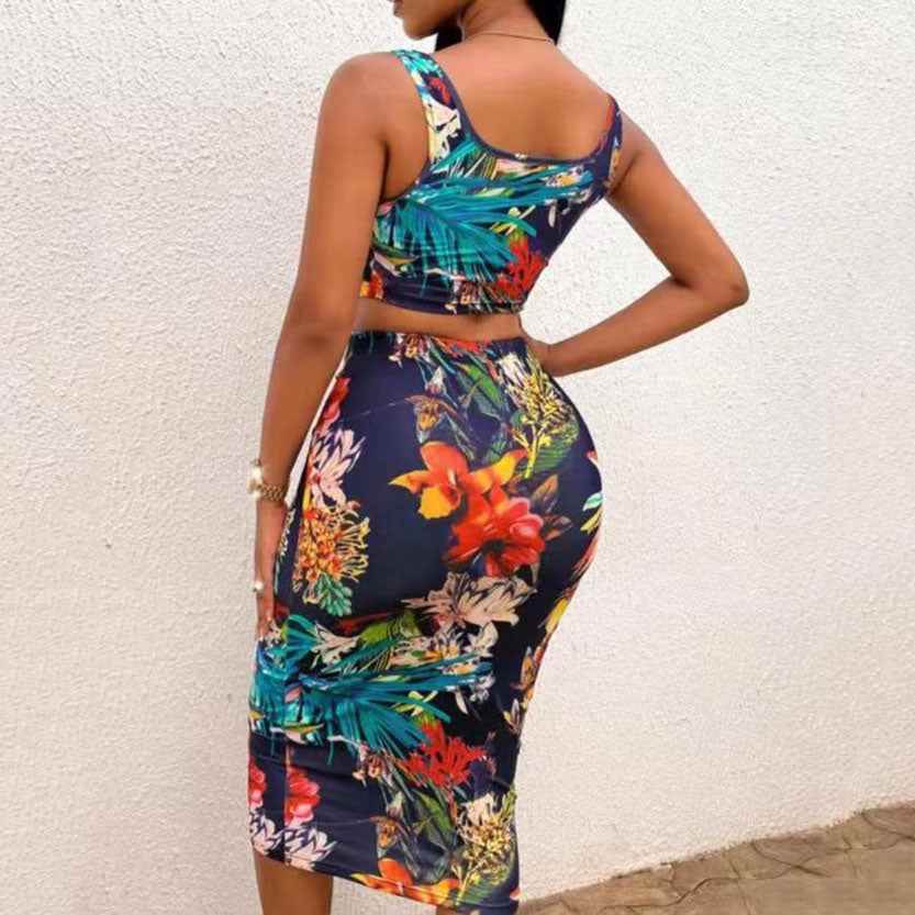 Women's Floral Vest Skirt Set – Printed Sleeveless Crop Top and Midi Skirt Outfit