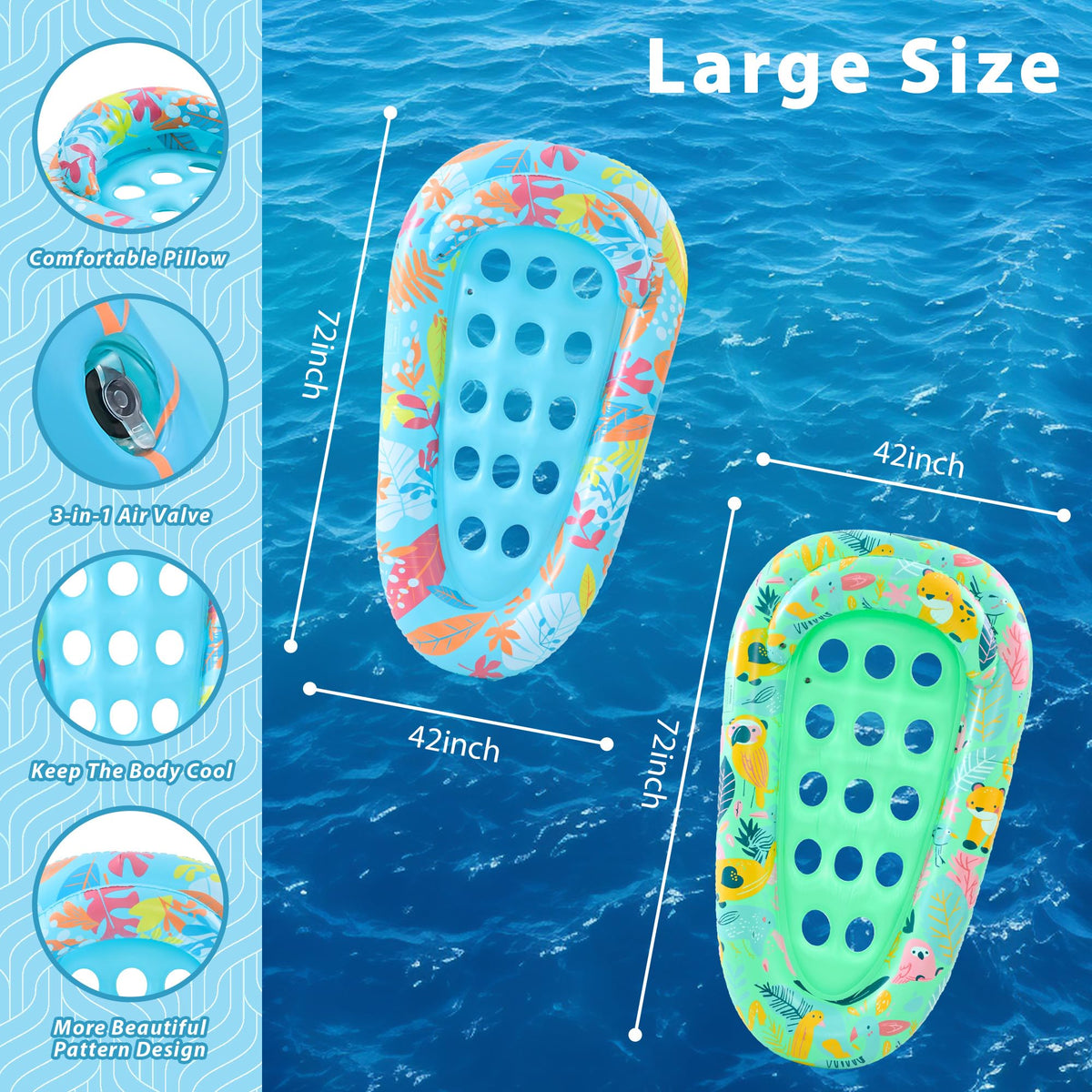 LUSARRYWILL 2 Pack Pool Floaties for Adults, 72"X42" Ultra Size with Headrest, Cooling Holes, Giant Pool Mats, Multi-Purpose Pool Float Lounger for Pool Party, Beach, Lake, River, Sea, Outdoor 🍁 All In One Marketplace Canada