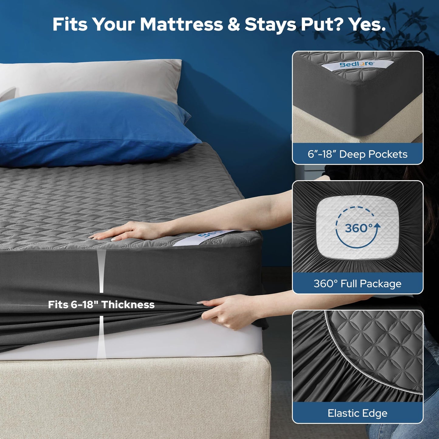 Waterproof Mattress Protector, Noiseless Queen Size Mattress Pad with Deep Pocket Fitted Up to 6"-21", Soft & Breathable Dirt-Proof Bed Mattress Cover Washable for Home, Bedroom, Hotel (Gray) 🍁 All In One Marketplace Canada