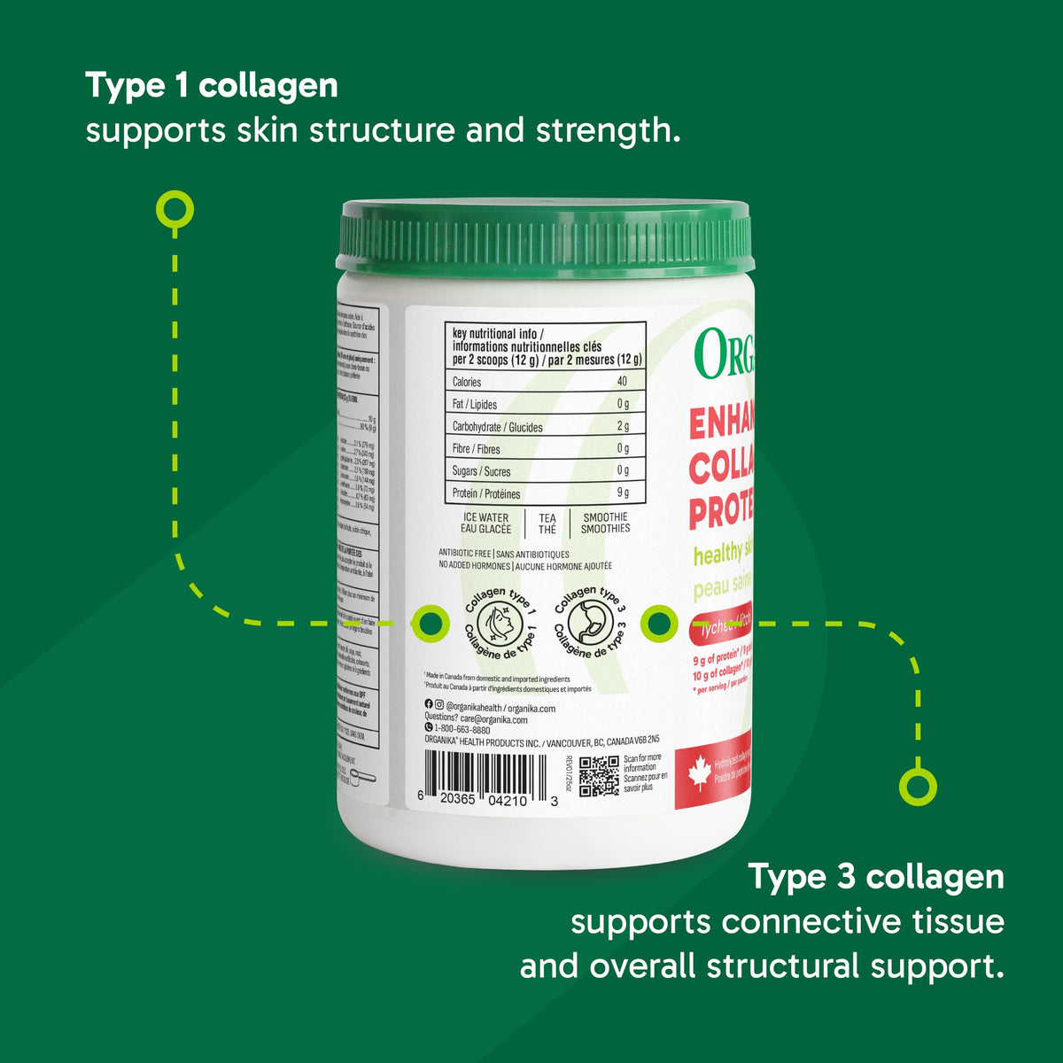 Organika Canadian-Made Enhanced Collagen Protein Powder- Lychee Flavour - Delicious flavour, High Protein Content - Hydrolyzed For Better Absorption – Grass-Fed, Non-GMO - 252g 🍁 All In One Marketplace Canada