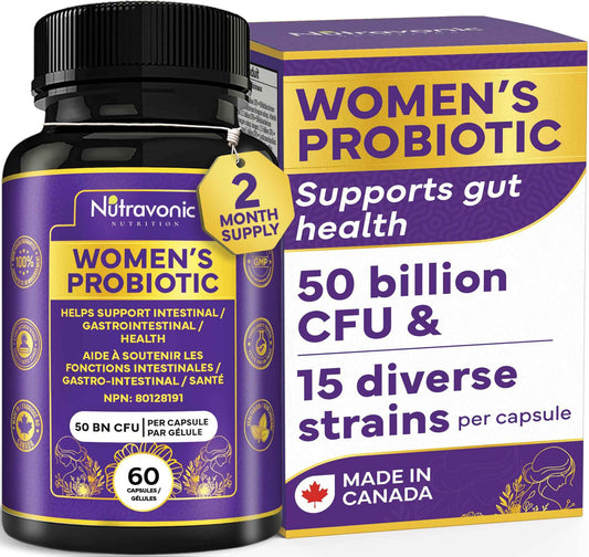 Probiotics for Women - 50 Billion CFUs Per Delayed Release Capsule. 15 Diverse Strains, including strains Limosilactobacillus Reuteri (lactobacillus reuteri) & lactobacillus gasseri. Support Gut Health, Bloating Relief & Digestion - 2 Month Supply. Nutrav