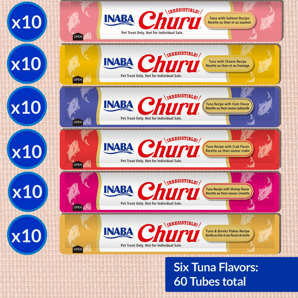 INABA Churu Cat Treats, Lickable, Squeezable Creamy Purée Cat Treat with Green Tea Extract & Taurine, 14 Grams Each Tube, 60 Tubes, Tuna Variety Box 🍁 All In One Marketplace Canada