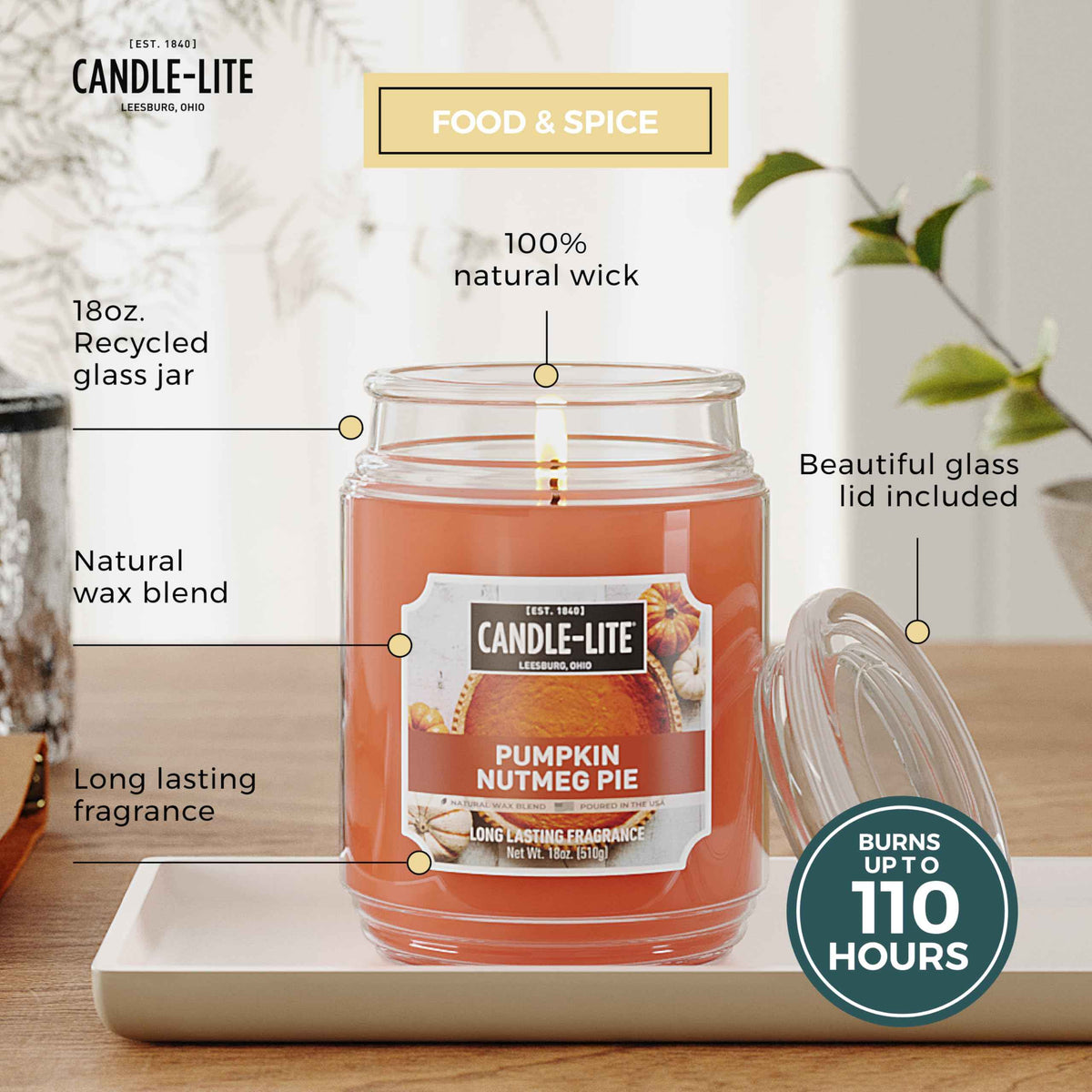 Candle-lite Halloween Scented Candles, Pumpkin Nutmeg Pie, 18 oz Jar, Proudly Poured in The USA, Aromatherapy Candle, Single-Wick with 110 Hours of Burn Time, Perfect for Creating an Inviting Ambiance