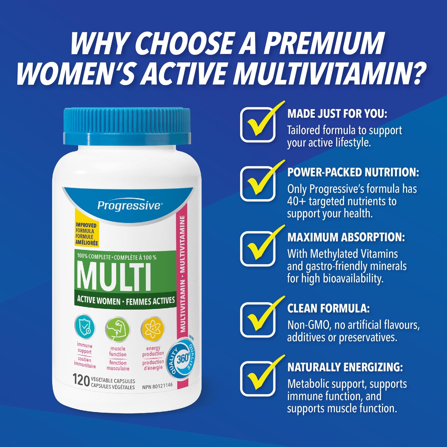Progressive Advanced Daily Multivitamin for Active Women, with DIM, Chastetree, Maca, and Ashwagandha. Supports Immune Health, Healthy Estrogen Balance, and Energy, 100% Complete, Canadian-Made, 120 Count 🍁 All In One Marketplace Canada