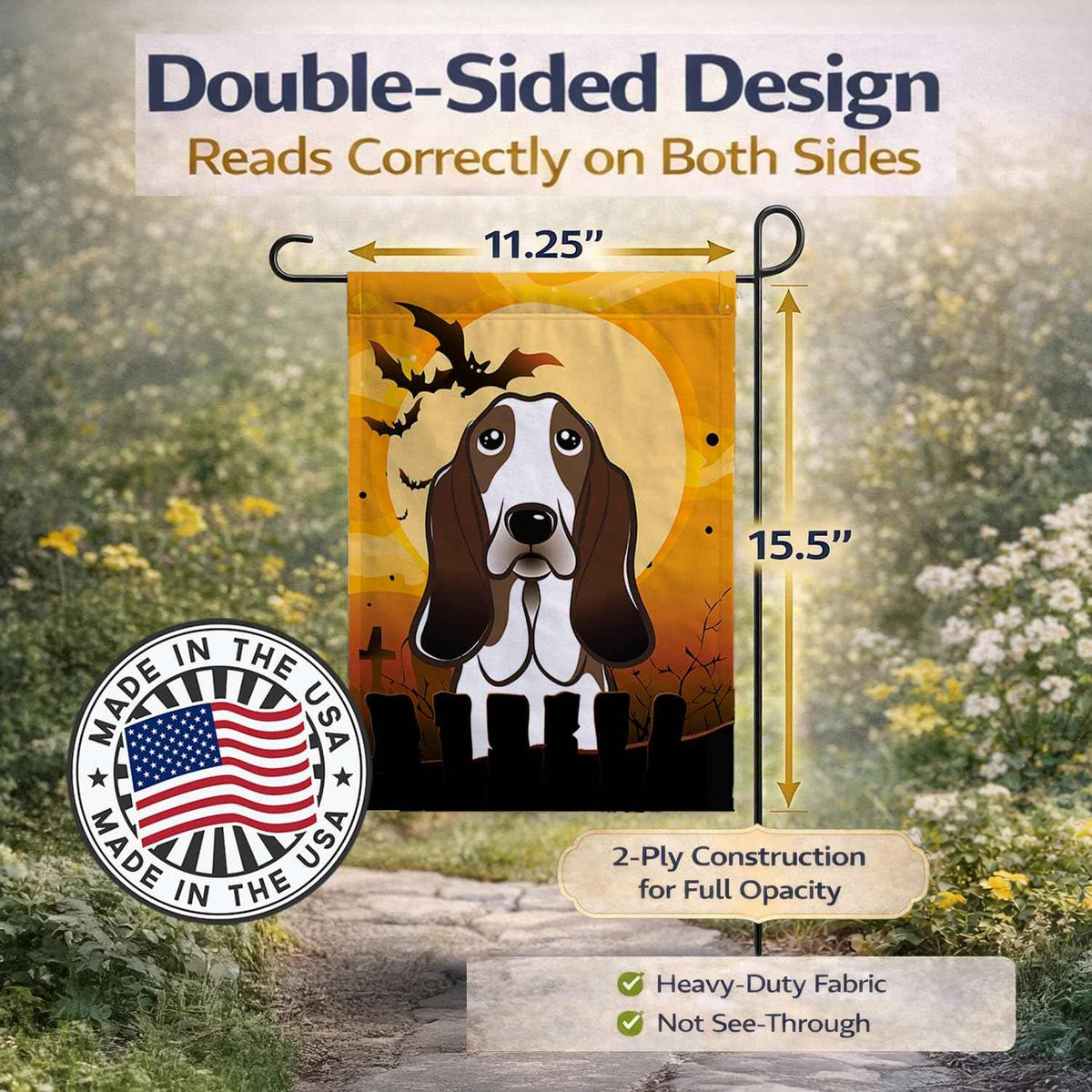 Caroline's Treasures BB1801GF Halloween Basset Hound Garden Size Flag, Small, Multicolor