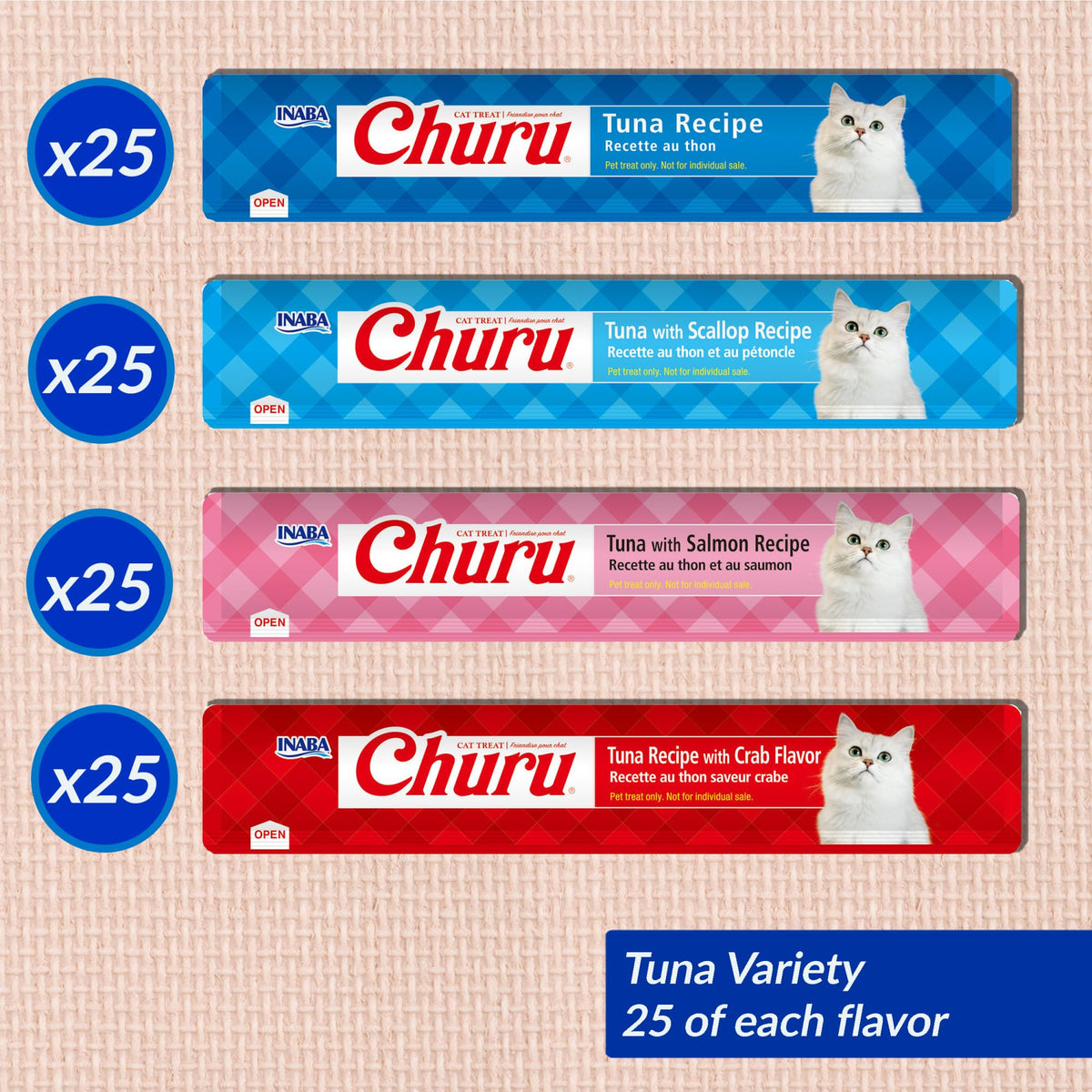 INABA Churu Cat Treats, Lickable, Squeezable Creamy Purée with Vitamin E, 14 Grams per Tube, 100 Tubes Total, Tuna Variety 🍁 All In One Marketplace Canada