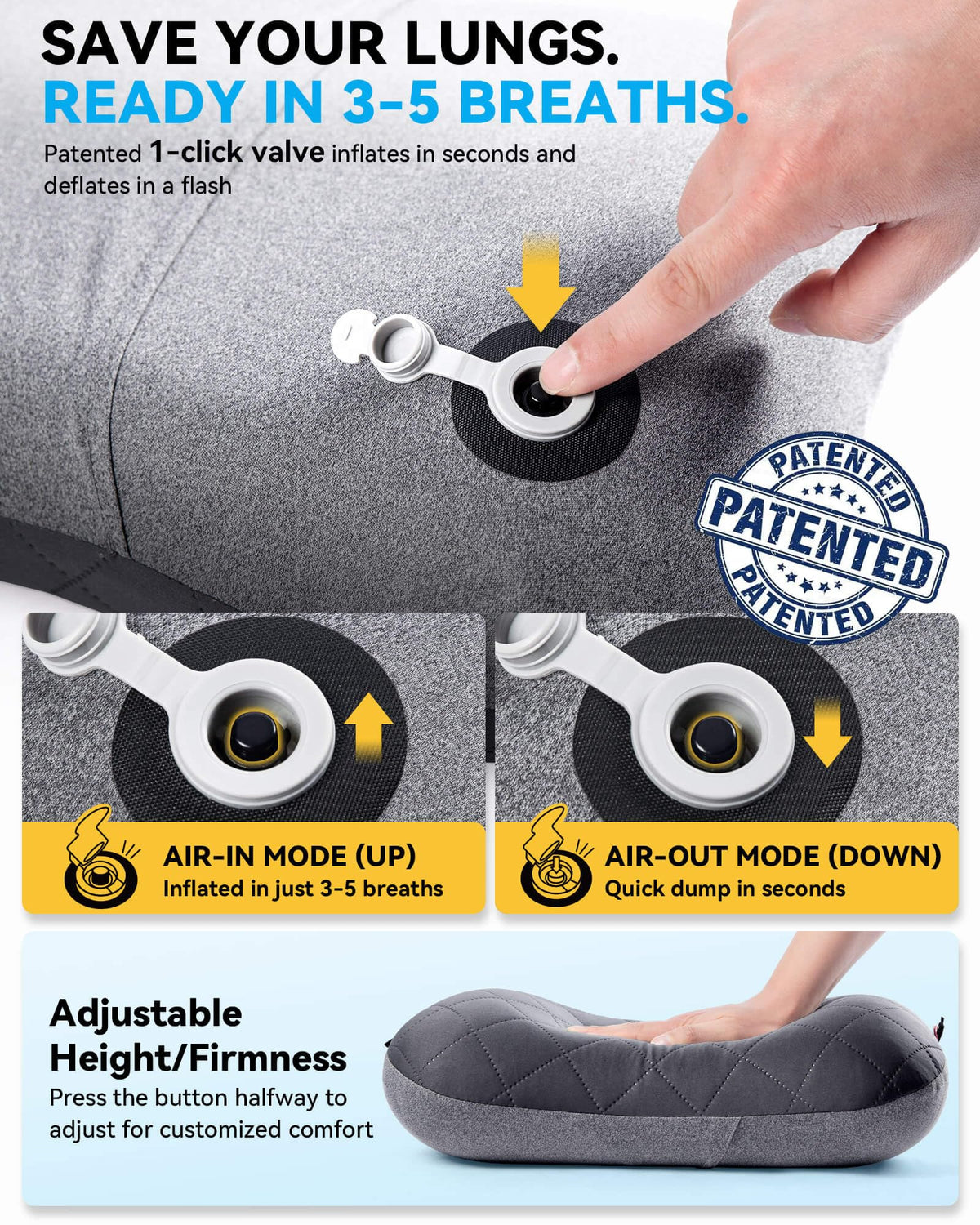 Hikenture Camping Pillow with Removable Cover-Ultralight Inflatable Pillow for Neck Lumber Support-Upgrade Backpacking Pillow-Washable Travel Air Pillows for Camping, Hiking, Backpacking (Grey) 🍁 All In One Marketplace Canada