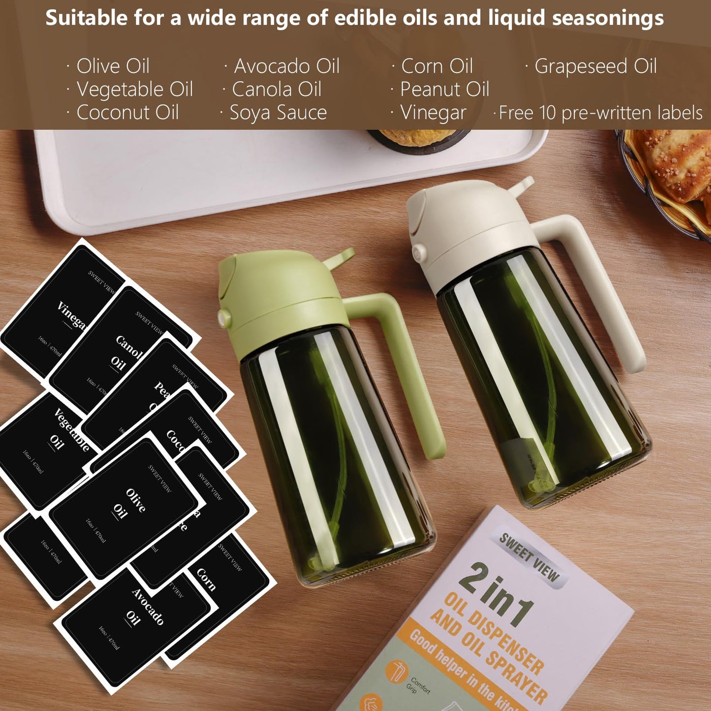 SWEET VIEW 2PCS Olive Oil Dispenser and Oil Sprayer – 16oz/470ml Glass Light-Proof Oil Pourer for Kitchen with Stickers for Air Fryer, Cooking, Salad, and BBQ 🍁 All In One Marketplace Canada