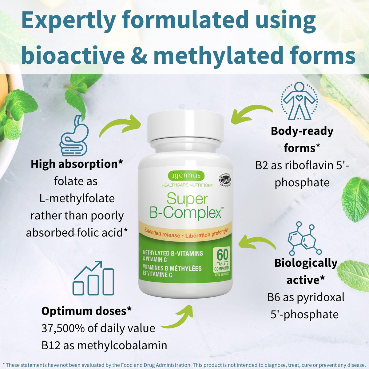 Igennus Super B-Complex - High Strength Methylated B Vitamins, Clean Label, 60 Tablets 🍁 All In One Marketplace Canada