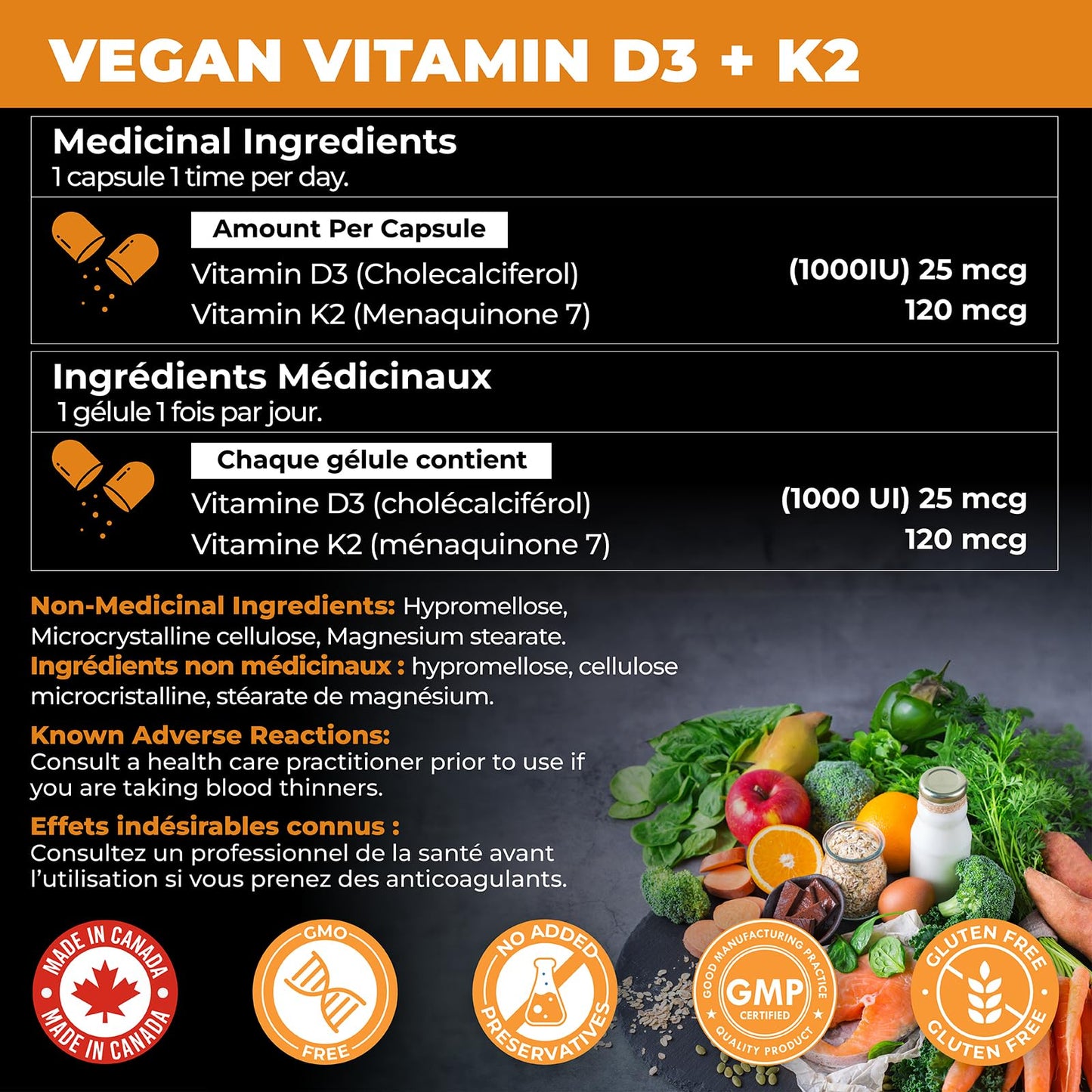 VITAMIN D3 K2 (MK-7) VEGAN | HIGH POTENCY•VALUE SIZE | Supports Prevention of Osteoporosis & Heart Calcification | Immune, Bone & Heart Health Supplement | Canadian Made Vitamin D3 Vitamin K2 🍁 All In One Marketplace Canada