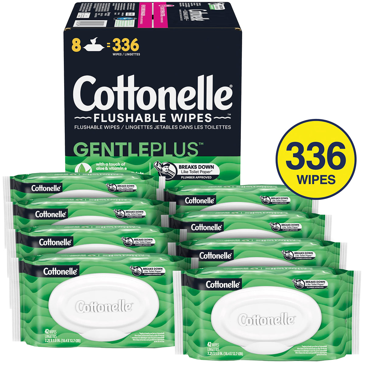 Cottonelle GentlePlus Flushable Wet Wipes with Aloe & Vitamin E, Adult Wet Wipes, 8 Flip-Top Packs, 42 Wipes per Pack (336 Total Flushable Wipes) 🍁 All In One Marketplace Canada