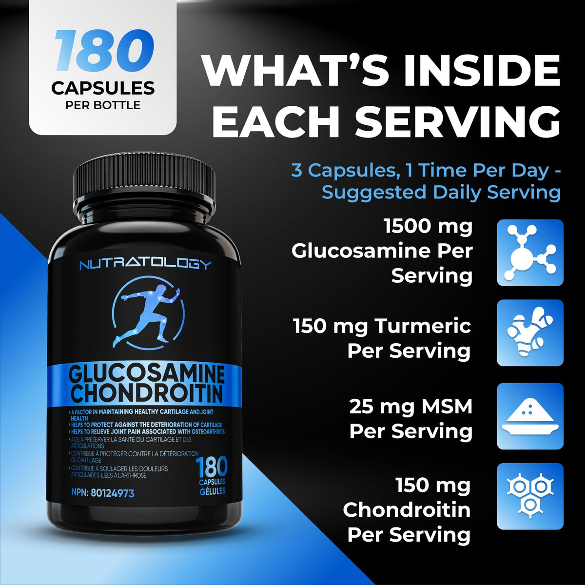 Nutratology® Glucosamine Joint Supplement with Chondroitin, MSM & Turmeric | Canadian-Made | Joint Pain Relief Supplements - 1500MG Glucosamine - Supports Healthy Joints & Cartilage - 180 Capsules 🍁 All In One Marketplace Canada
