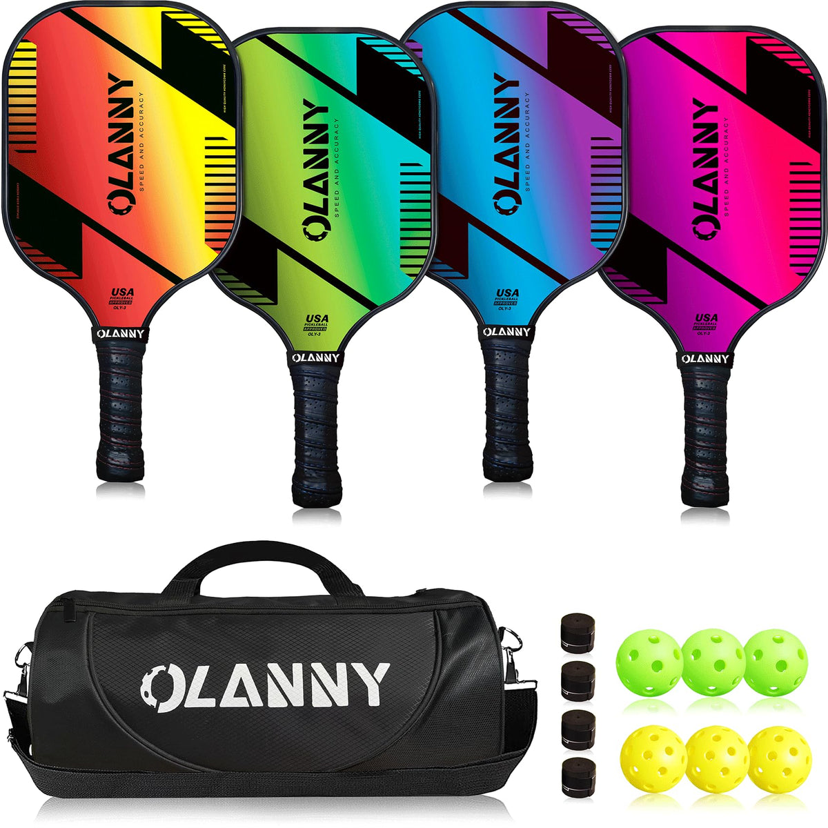 OLANNY Graphite Pickleball Paddles 4 Pack - Premium Rackets Fiber Face & Polymer Honeycomb Core Pickleball Set Includes 4 Pickleball Paddles + Balls+1 Bag (Gradient Pickleball Paddles) 🍁 All In One Marketplace Canada