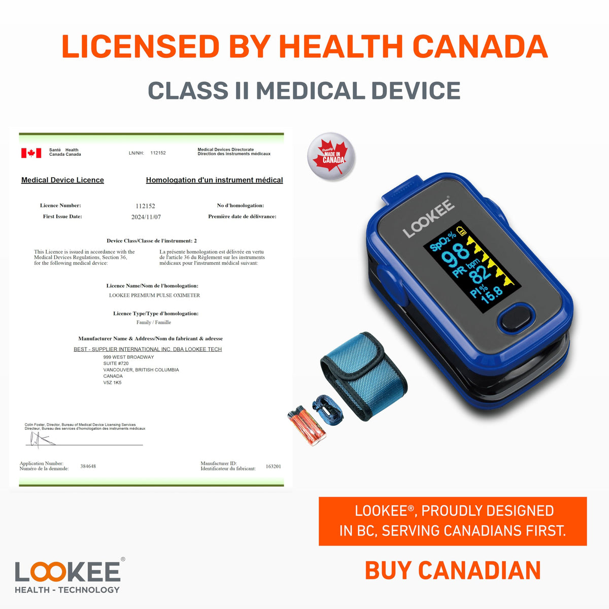 LOOKEE A310 Premium Pulse Oximeter Finger Heart Rate Oxygen Monitor | Proudly Canadian | SpO2 Blood Oxygen Level | Medical Accuracy, Alarm & PI | OLED Display | Carry Case & Batteries | Blue 🍁 All In One Marketplace Canada