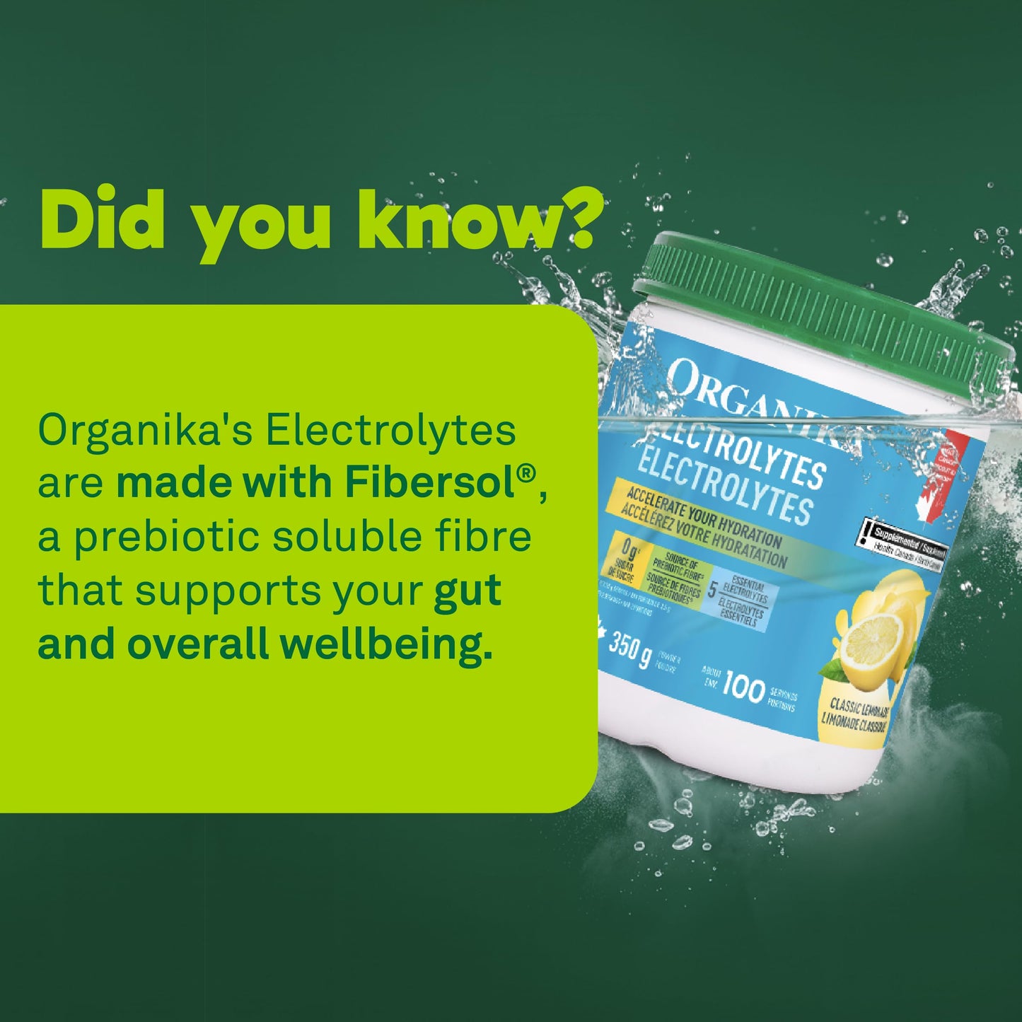 Organika Canadian-Made Electrolytes Powder with Vitamin C & Prebiotic Fibre - Sugar-Free Hydration Drink Mix - Classic Lemonade - 350 g - 100 servings 🍁 All In One Marketplace Canada