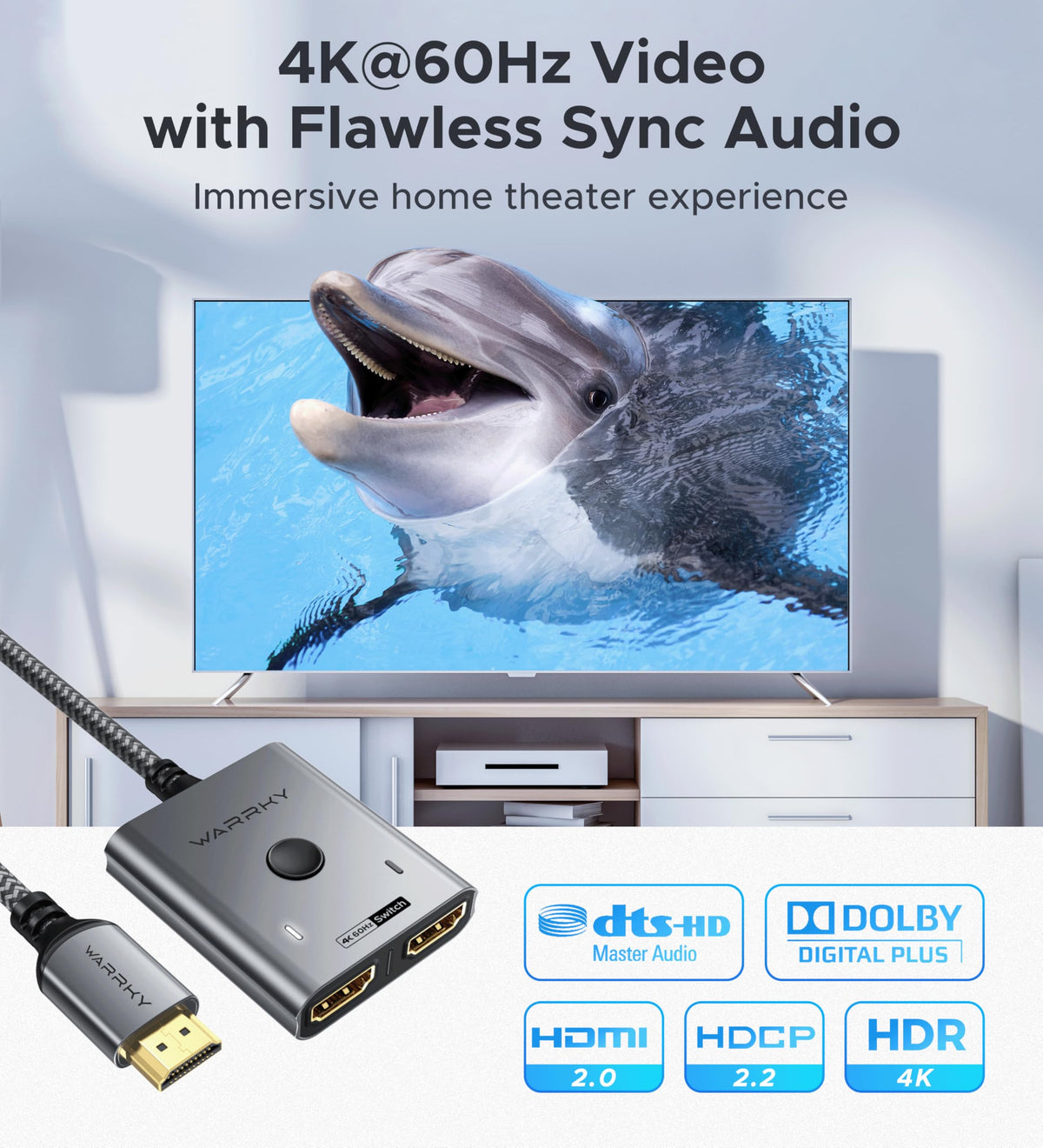HDMI Switch 4K 60Hz, WARRKY HDMI Switcher 2 in 1 Out [Fixed Braided Cable] 🍁 All In One Marketplace Canada