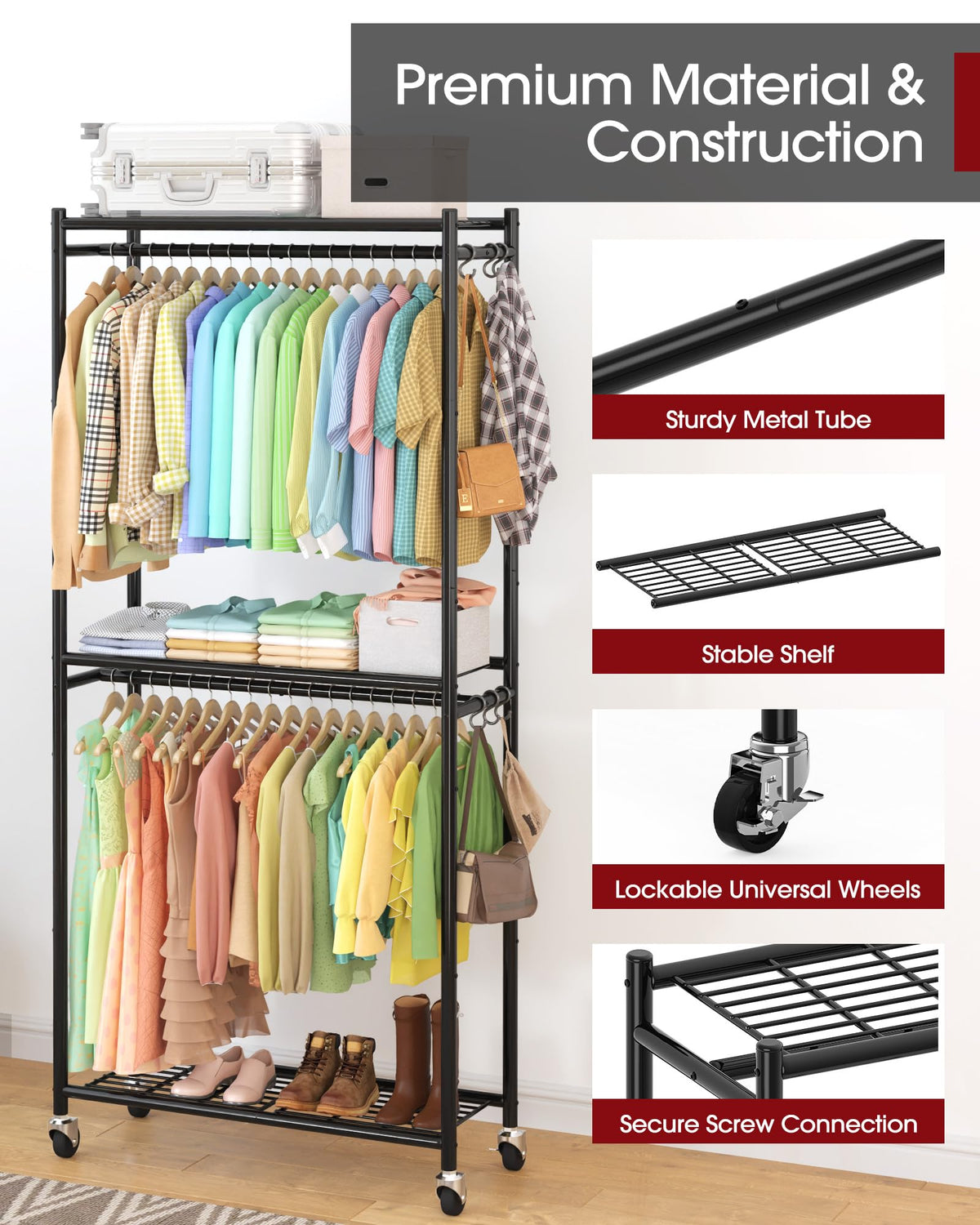 Sakugi Clothing Rack - Coat Rack with Shelves & Wheels, Multi-Functional Clothes Rack with Hooks, Sturdy Metal Garment Shelf for Bedroom, Laundry, Balcony, 84W × 31D × 202H cm, Black 🍁 All In One Marketplace Canada